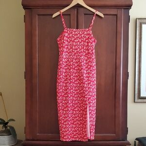 ZARA Red and White Leaf Print Spaghetti Strap Dress